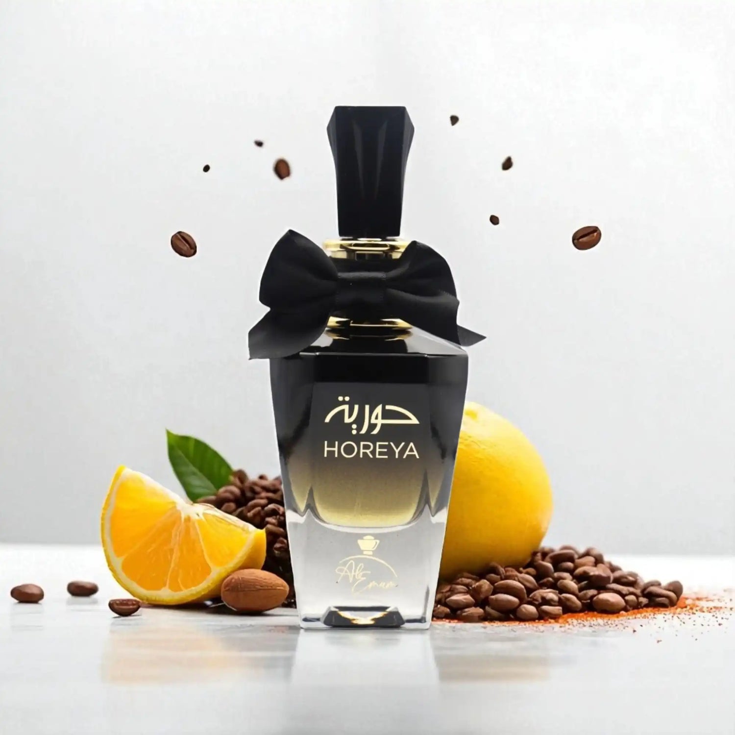 Black perfume bottle with bow.