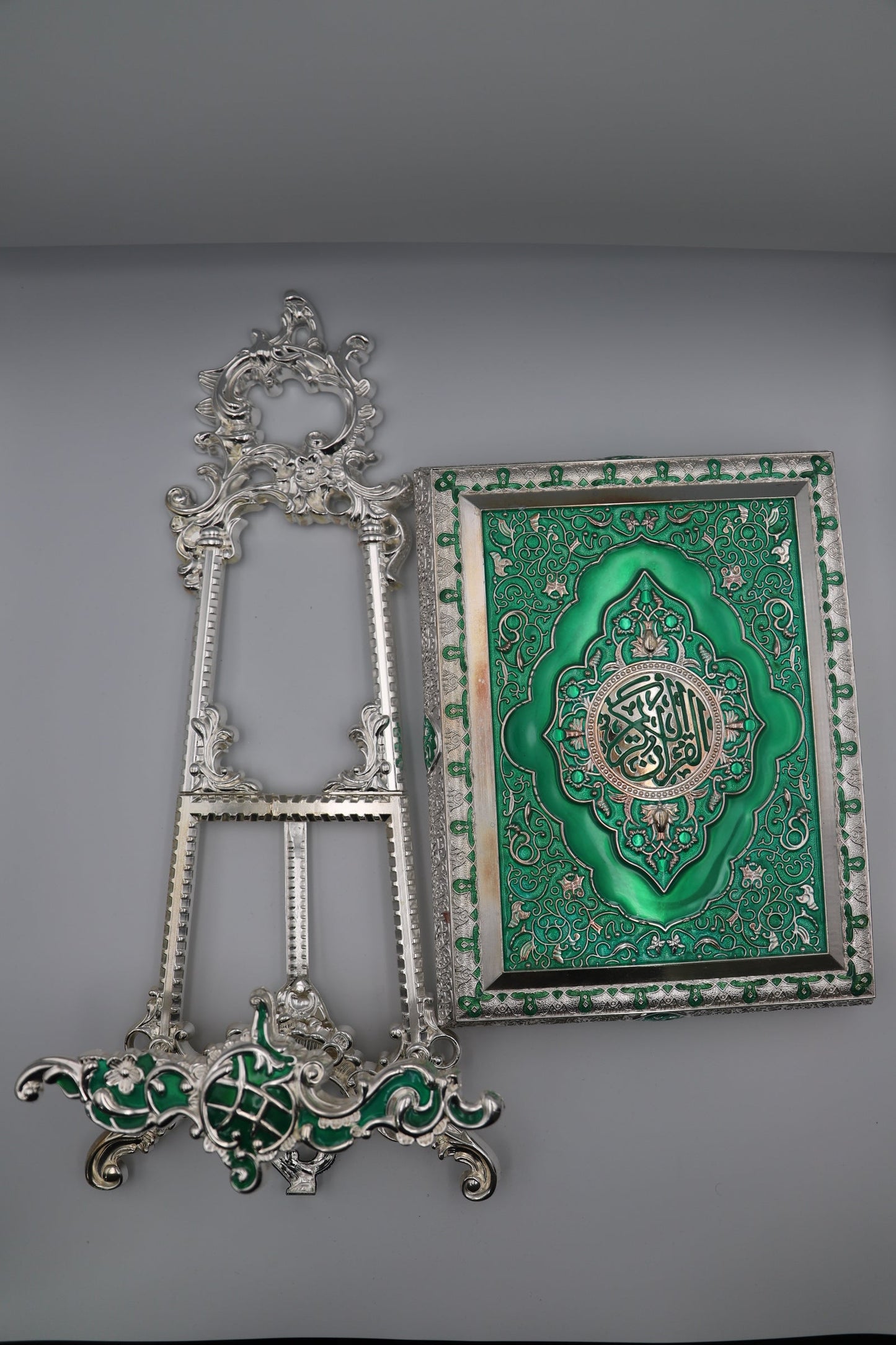Metal Quran Box & Holder - Silver & Emerald - Religious Art