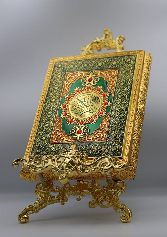 Metal Quran Box & Holder - Gold, Emerald & Ruby