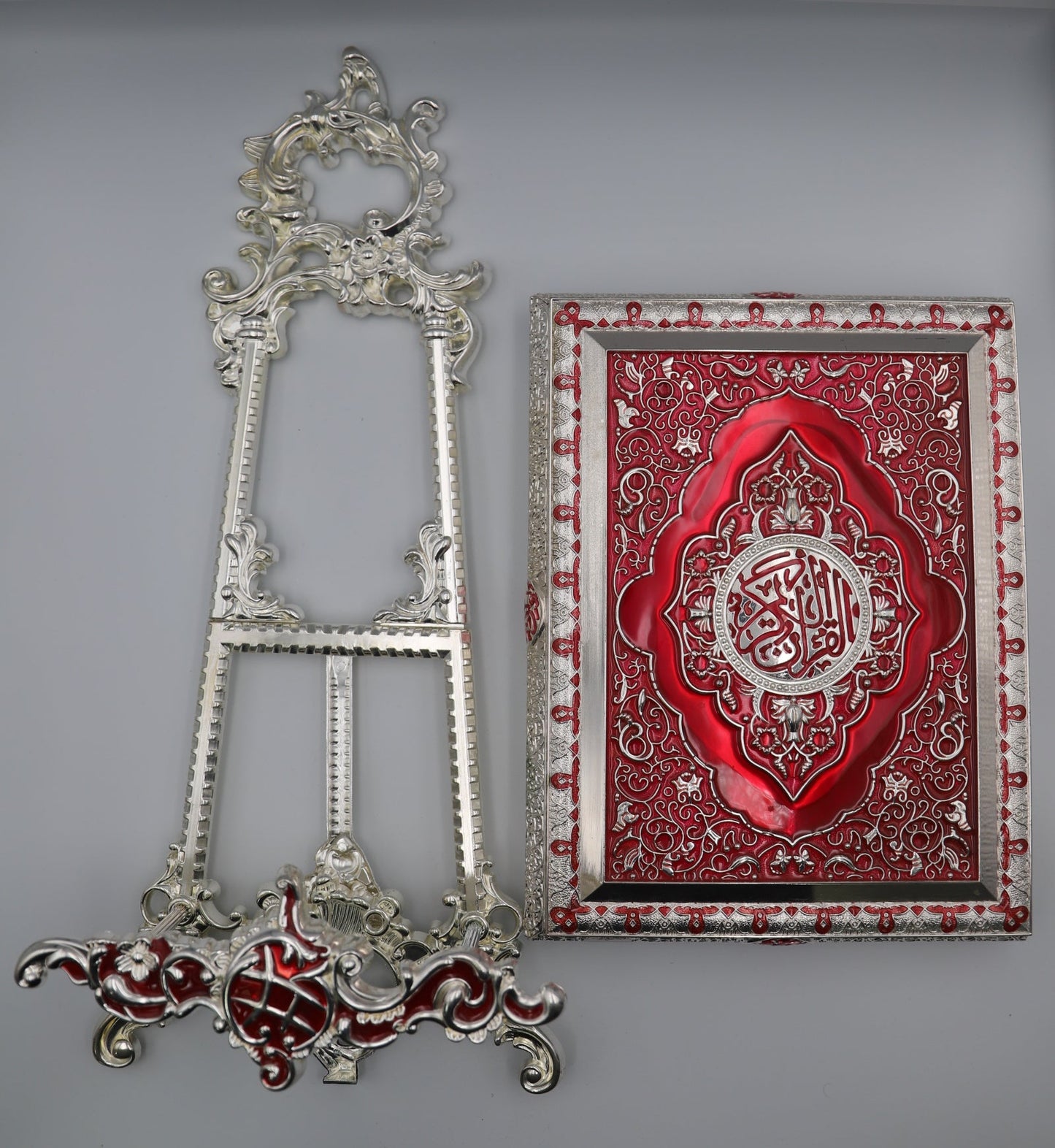 Metal Quran Box & Holder - Silver & Ruby