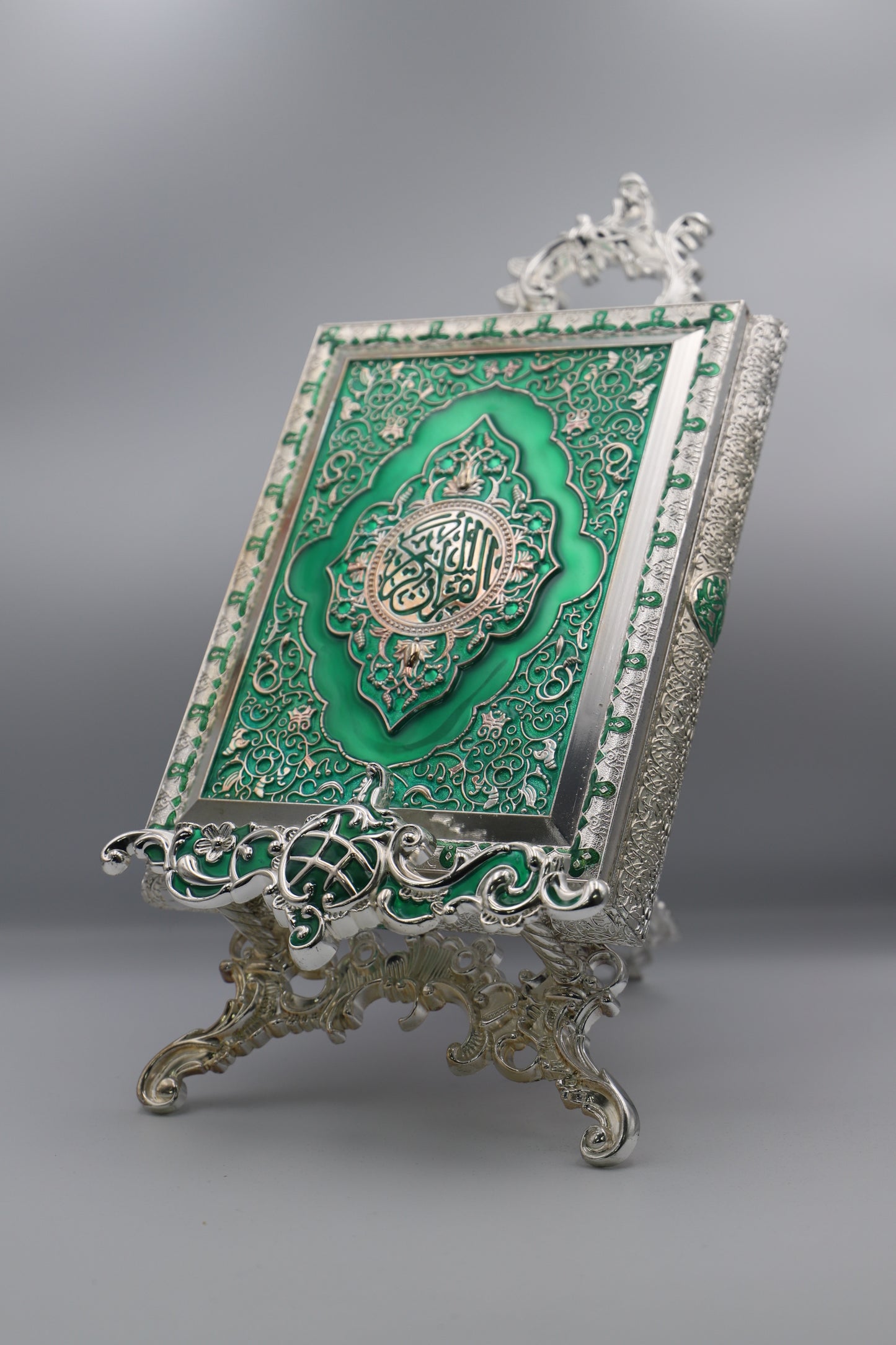 Metal Quran Box & Holder - Silver & Emerald