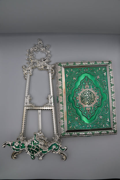Metal Quran Box & Holder - Silver & Emerald - Religious Art