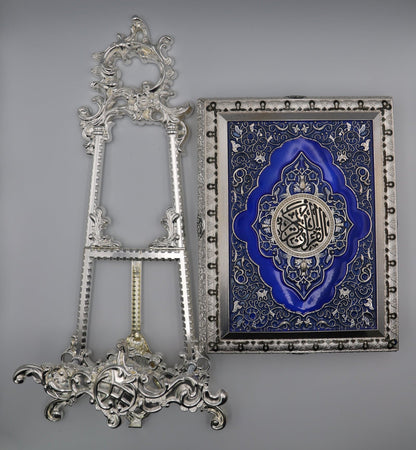 Metal Quran Box & Holder - Silver & Sapphire - Religious Art