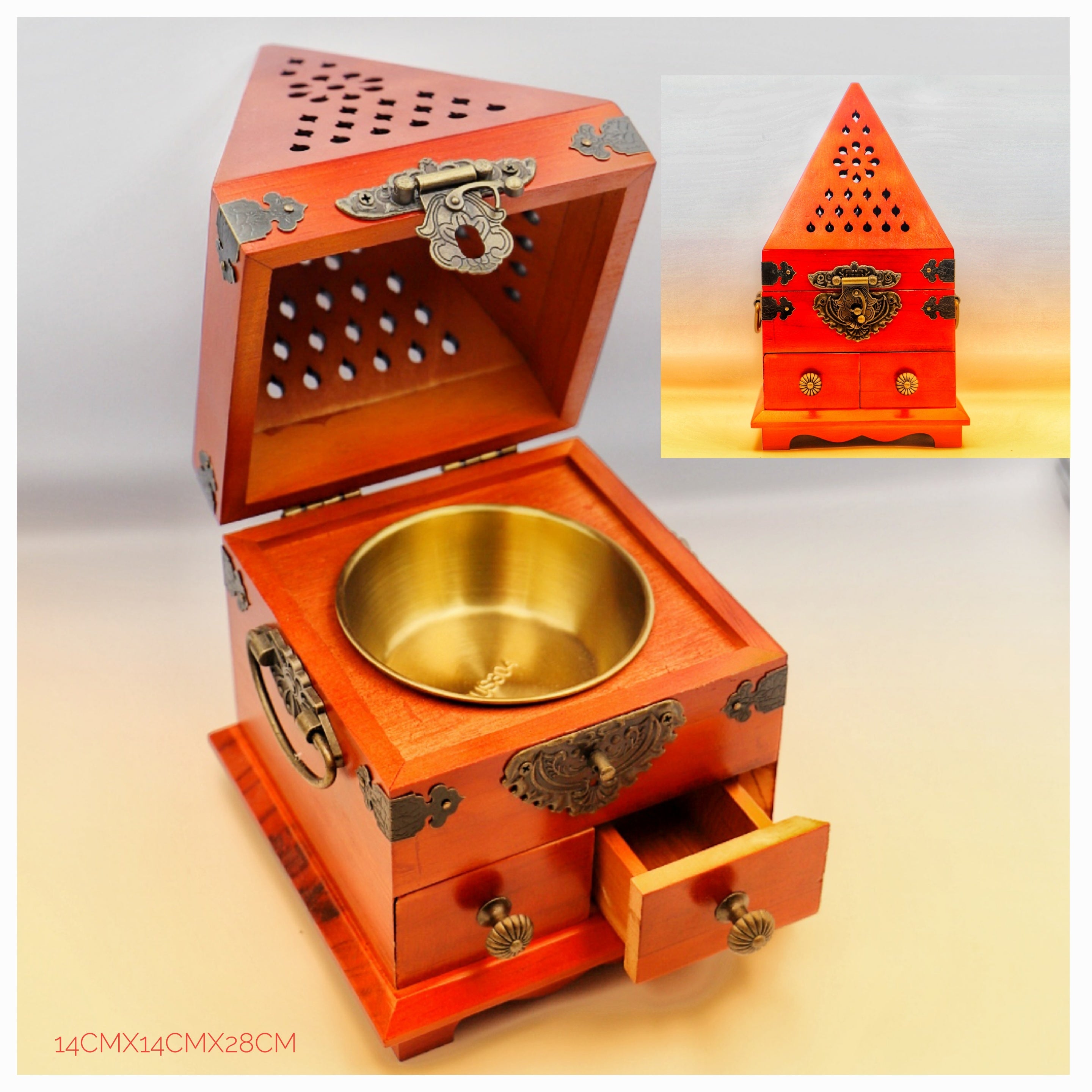 Pyramidal wood decorated Incense Burner with storage – Dubai Trade LTD