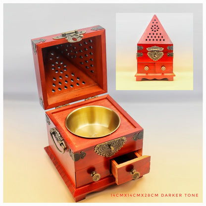Pyramidal wood decorated Incense Burner with storage - 2 COLOR VARIANTS - Dark wood - Incense Burner