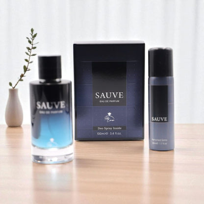 Sauve perfume and deodorant set on a wooden surface with a white background