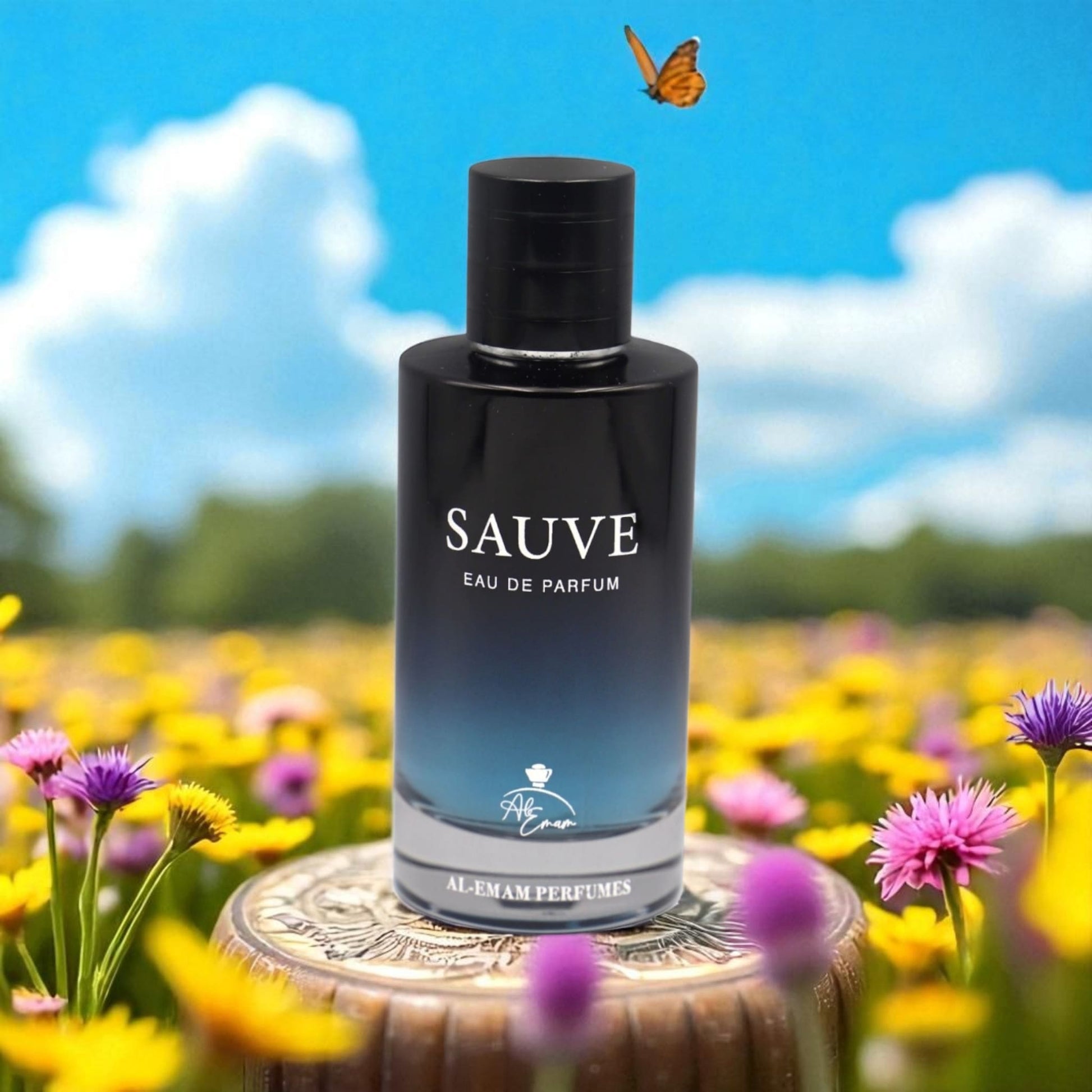 Sauve Eau de Parfum bottle with a butterfly and flowers in the background